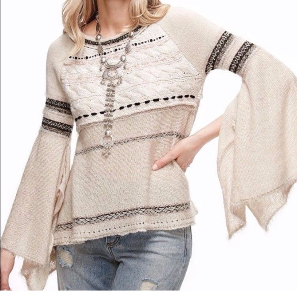 Free People Craft Time Blush knit sweater creamy beige bell flare sleeve Size XS